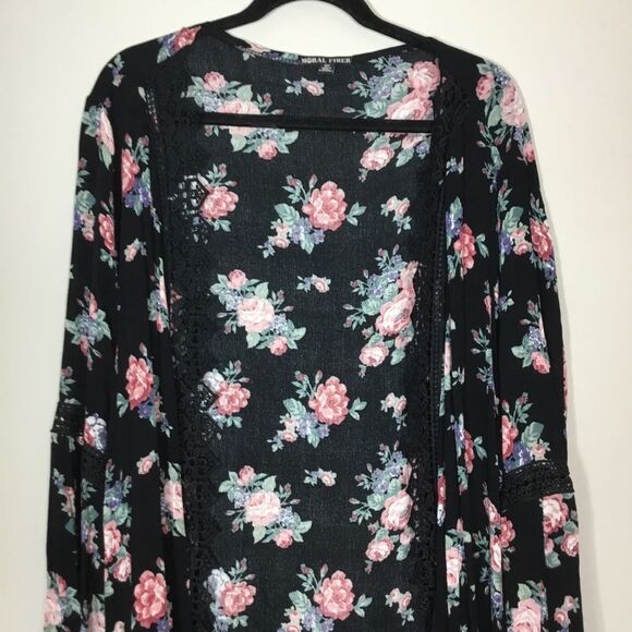 Bell sleeve roses pattern embroidery black cover up duster boho hippie floaty 2X - Picture 2 of 9